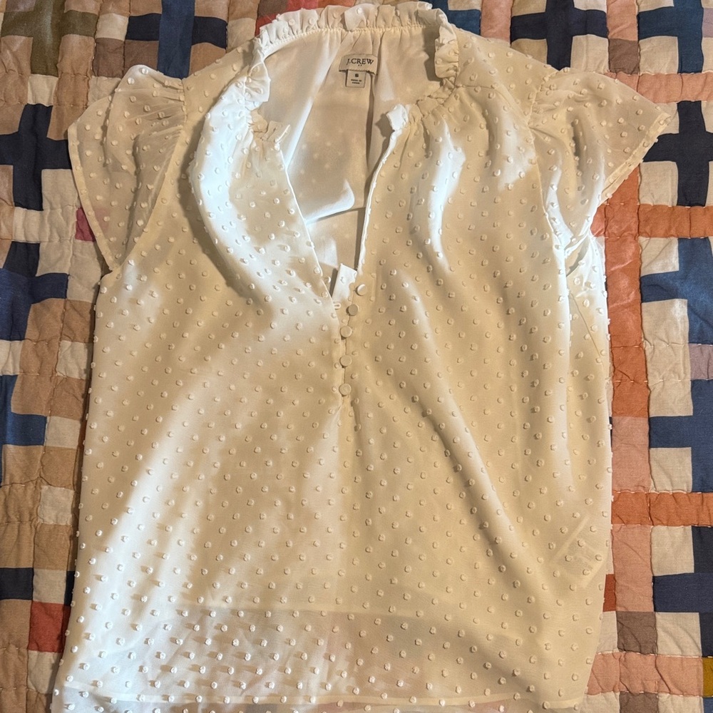J. Crew White Swiss Dot Ruffle Neck Cap-Sleeve Blouse